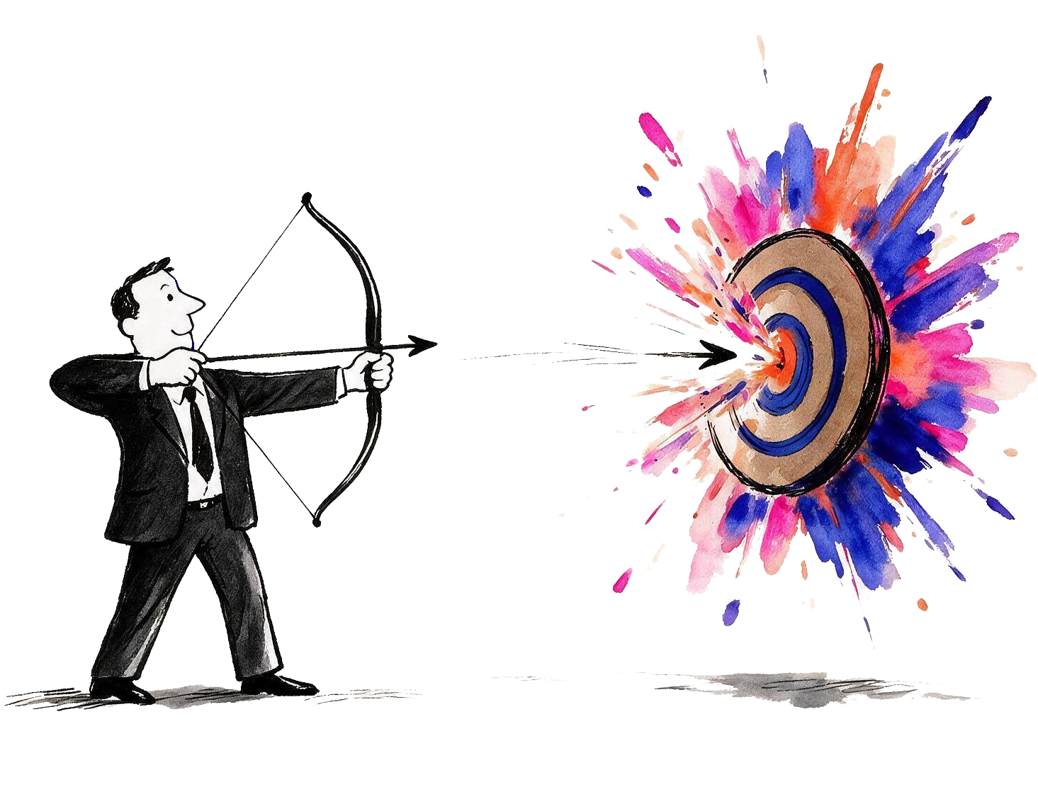 Illustration of a person in a suit firing an arrow into the bullseye of a colorful watercolor target